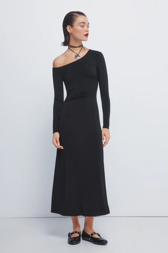 Draped midi dress with asymmetrical neckline