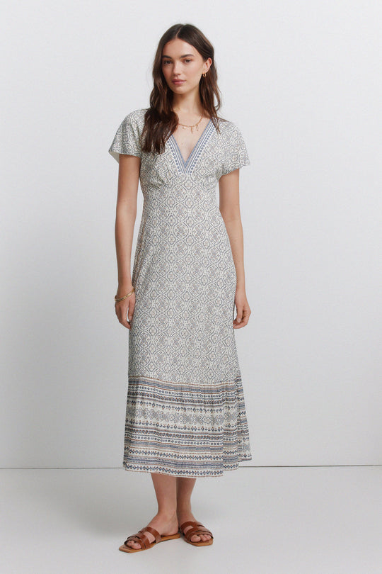 Border print V-neck dress