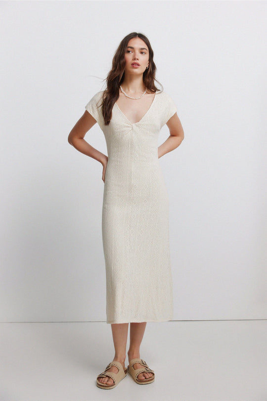 Embroidered knot neckline dress