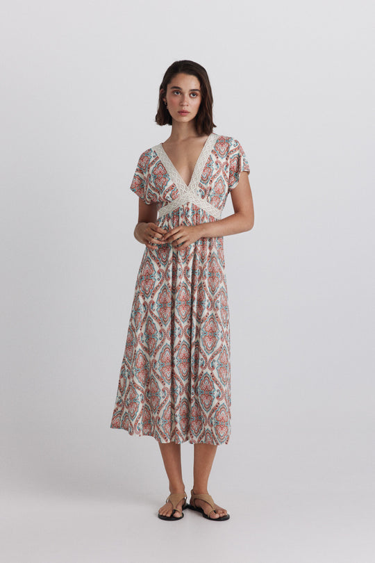 Border print short sleeve midi dress