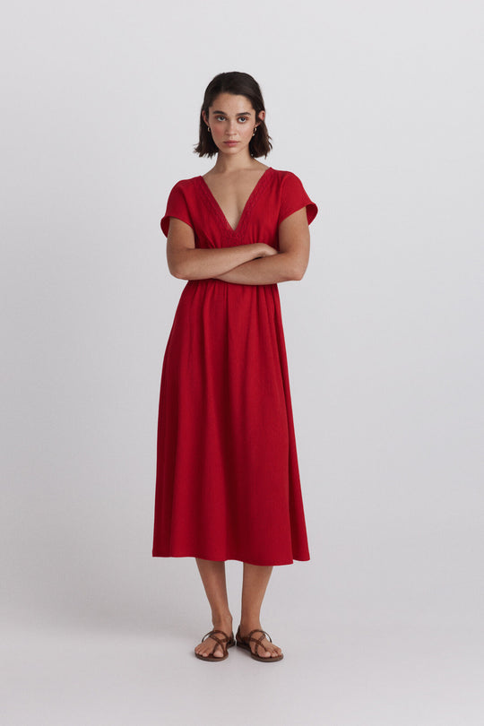 Border print short sleeve midi dress