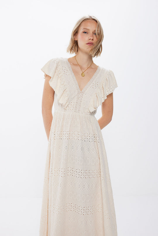 Embroidered Ruffle Neckline Midi Dress