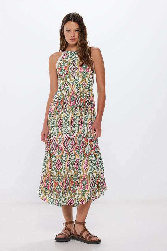 فستان ميدي بطبعة عرقية وياقة هالتر