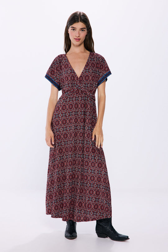 print knot neckline midi dress