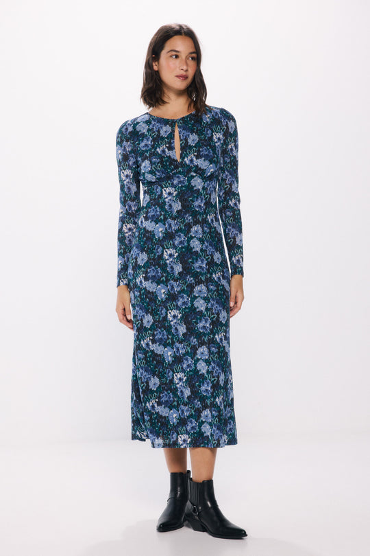 Blue floral print midi dress
