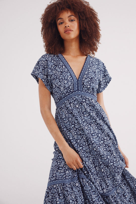 midi dress with border and flower print