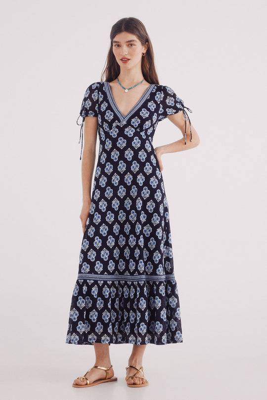 midi dress with print bows and sleeves