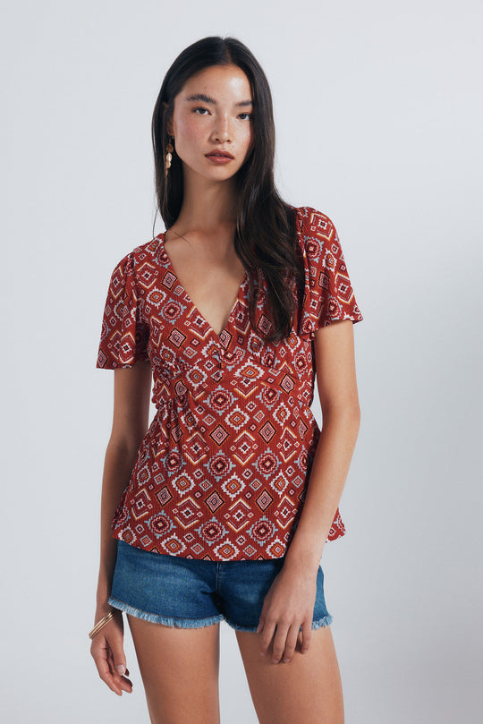 Geometric print lace insert top