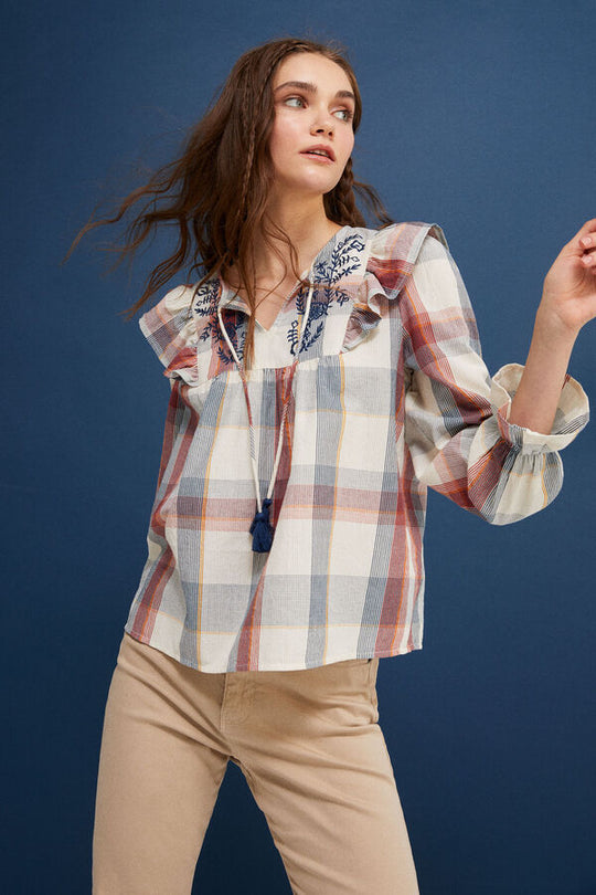 Embroidered checked blouse