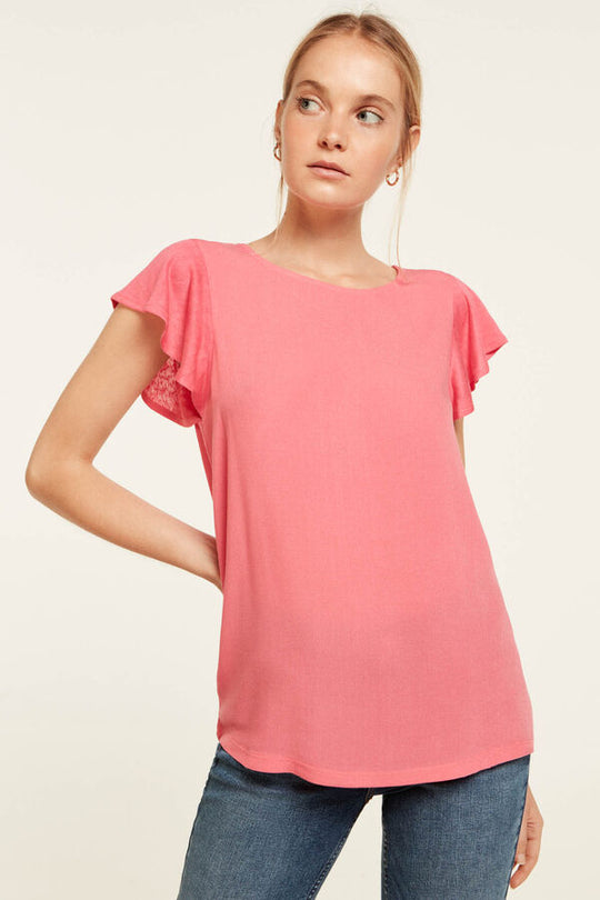 Cap sleeve two-material T-shirt