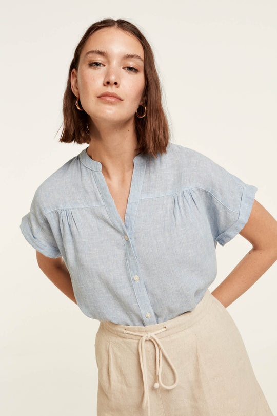 Relaxed mandarin collar linen blouse