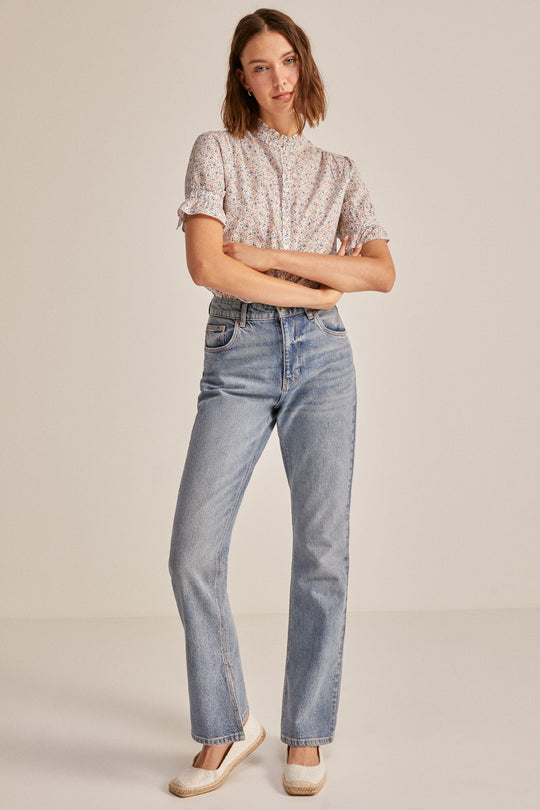 Printed mini flounced blouse