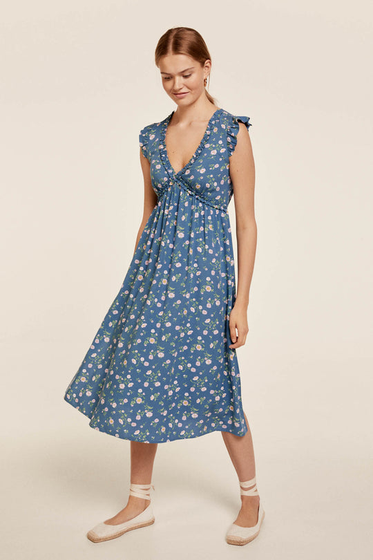 Flounced neckline midi dress