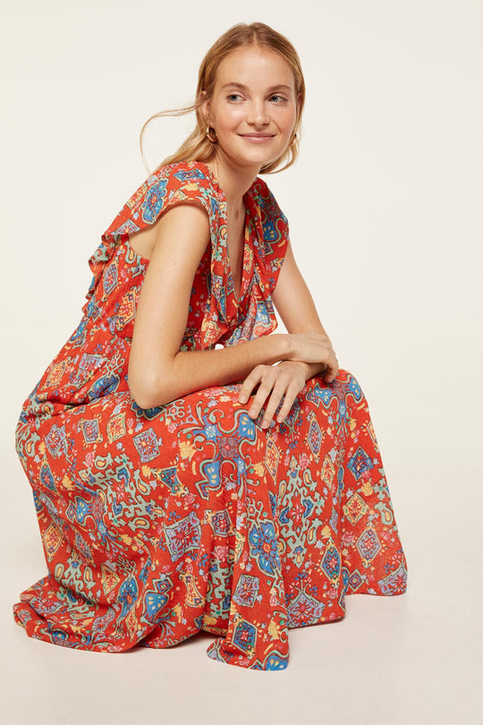 Printed fantasy back midi dress