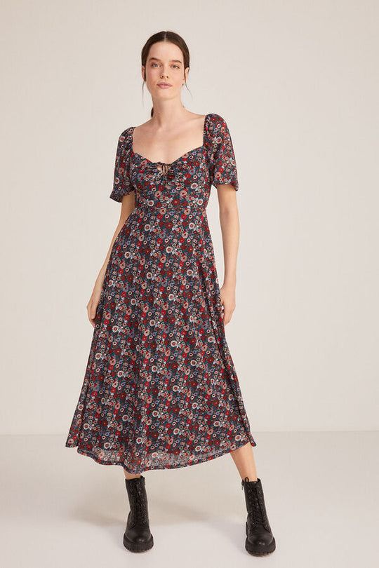 Printed midi dress with ruched neckline