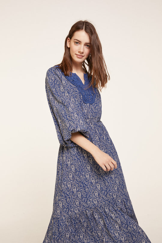 Midi Printed Viscose Dress With Crochet