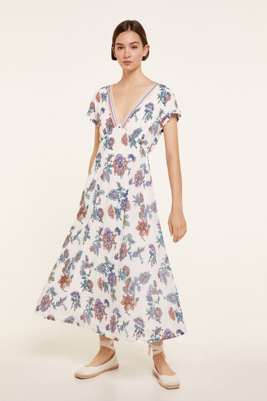 Midi Printed Circular Dress With V Neck