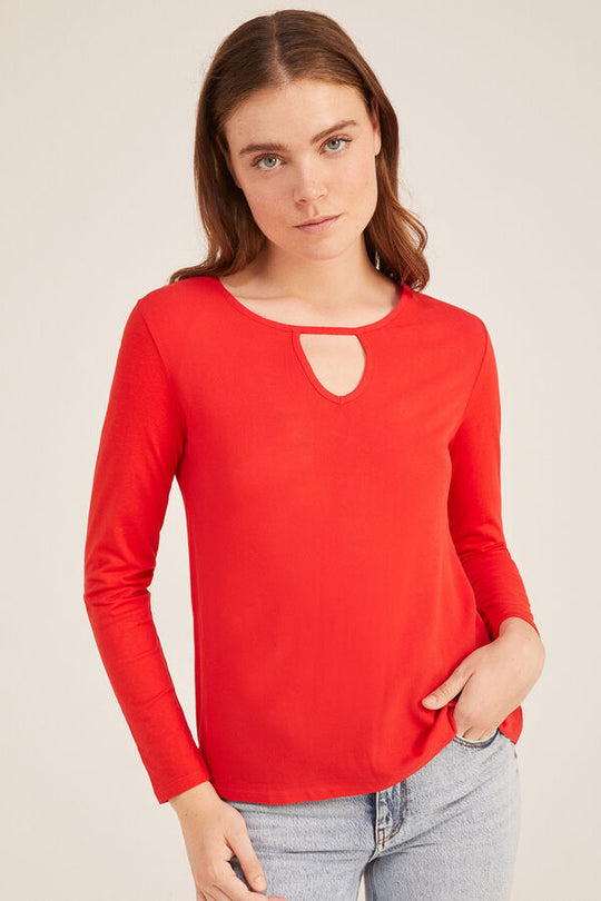 Two-material teardrop-neck T-shirt